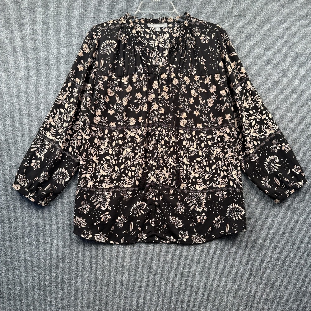 Daniel Rainn Floral Ruffle Tassel Blouse Black Cream Women's Size XL